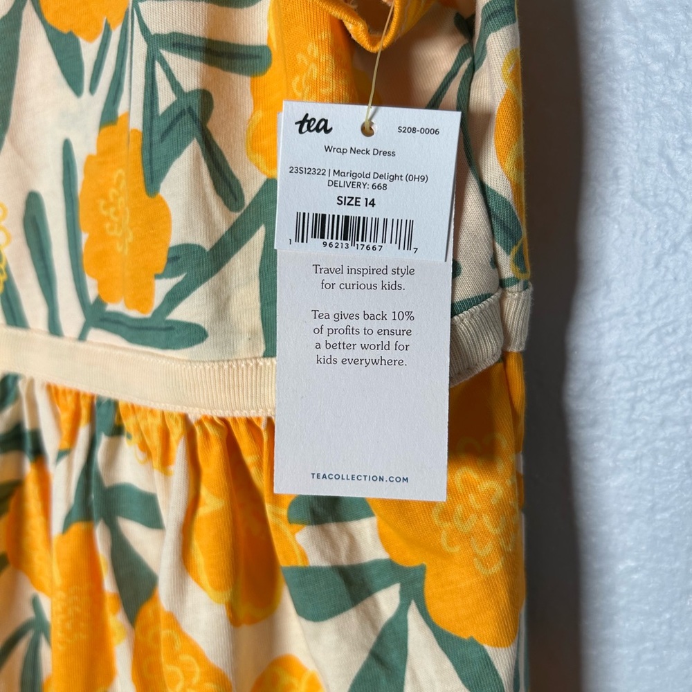 Tea Collection Wrap Neck Marigold Delight Yellow Floral Midi Dress cotton - Picture 6 of 12